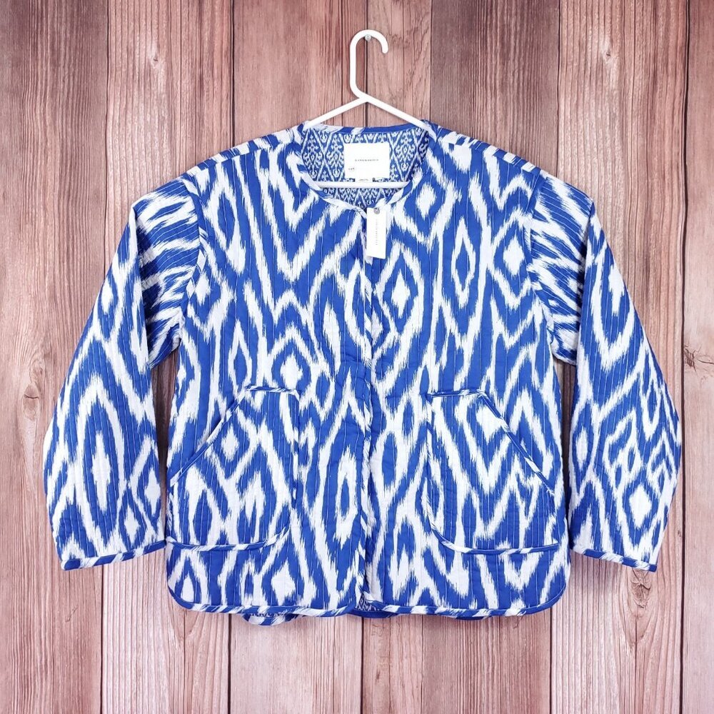 NWT Anthropologie Womens Size Large Nora Quilted Jacket Blue White Snap Button